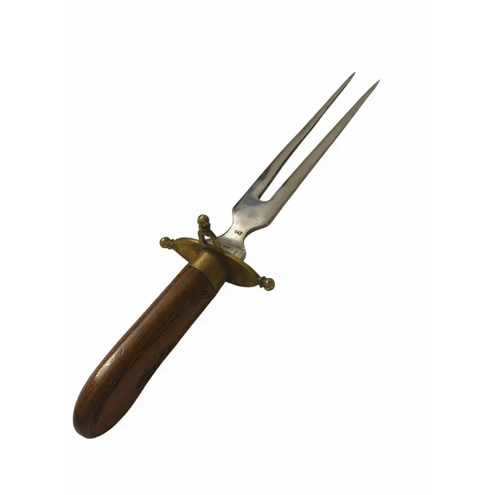 Vintage HAND CARVED Knife & Fork Carving Set Wood & Brass Sheath India 3707-66